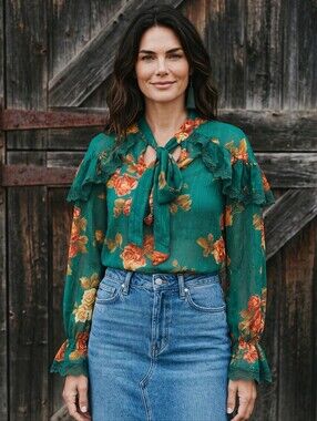 Anthropologie Champagne & Strawberry Emerald Green Floral Blouse with Ruffles